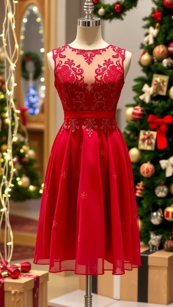 An elegant red Christmas dress for XL sizes with lace details, displayed in a festive setting.